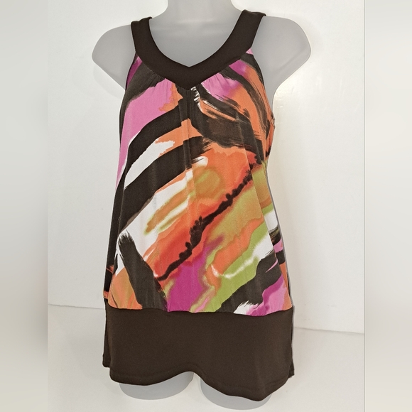 IZ BYER Women's Sleeveless V Neck Top Brown Multi-Color Abstract Design Medium - Picture 12 of 12